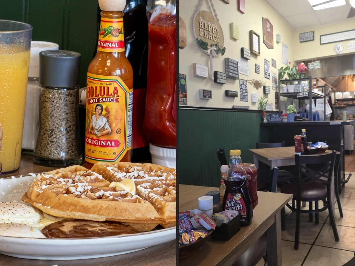 Casual café seating inside a small neighborhood restaurant.