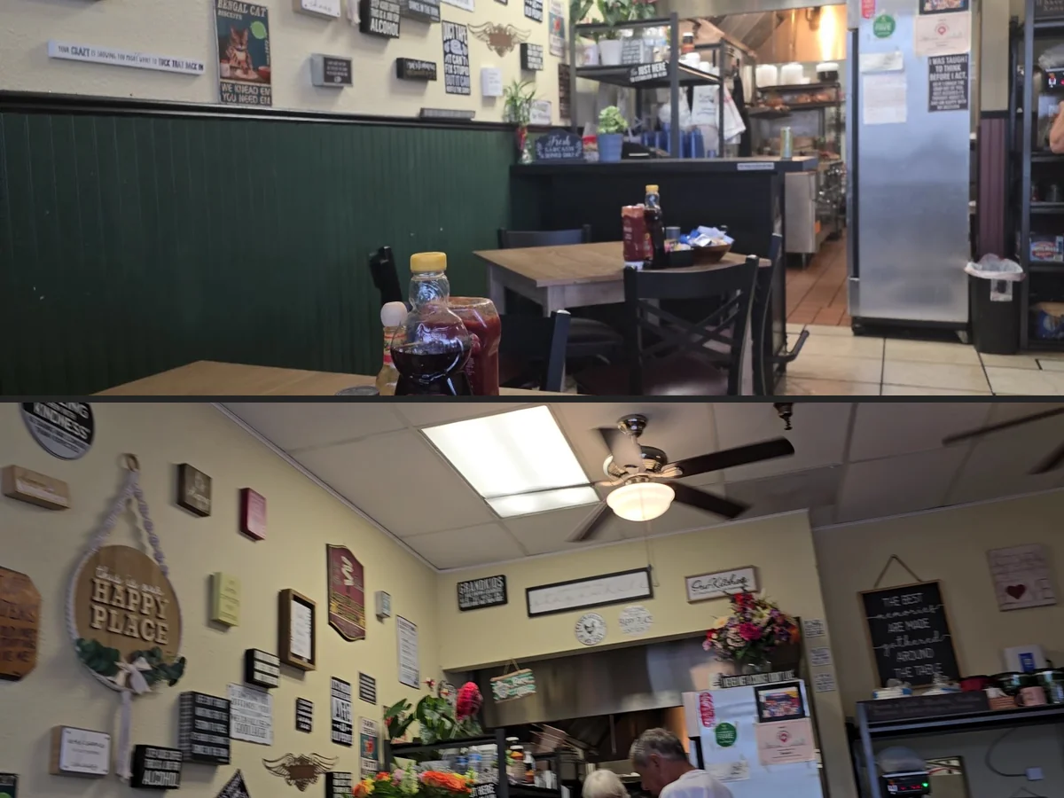 Casual café seating inside a small neighborhood restaurant.